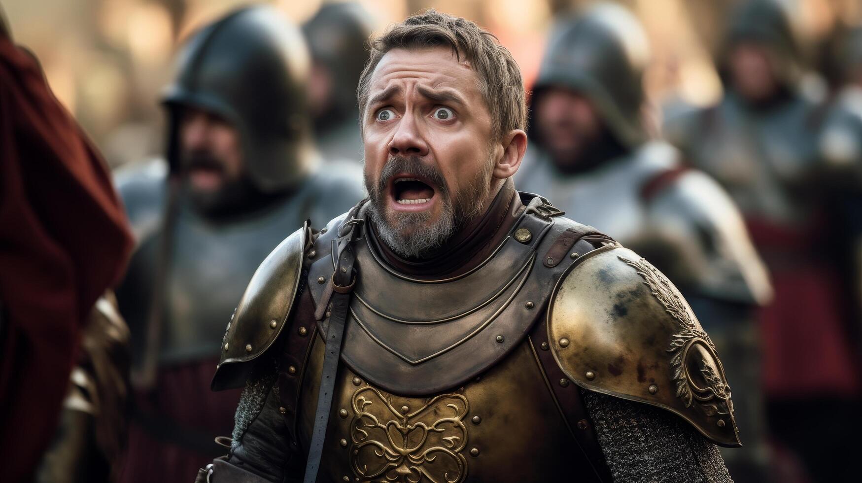 Shocked medieval warrior with armor and beard photo