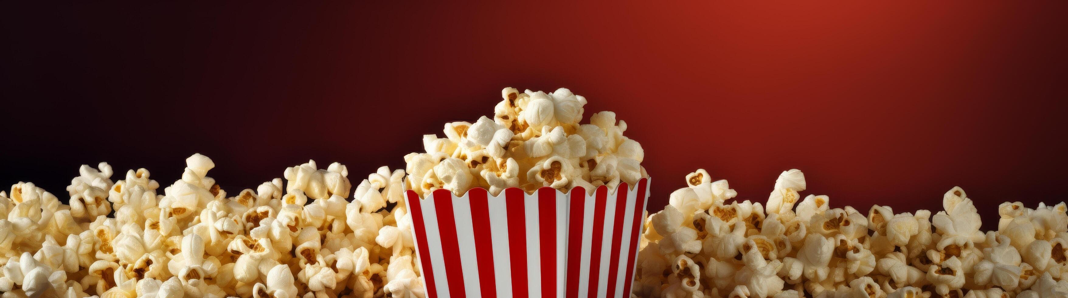 Delicious popcorn in a striped box on a red background photo