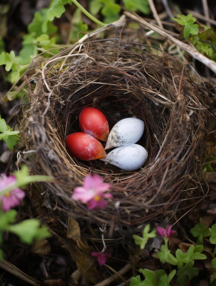 Colorful eggs nestled in a natural birds nest photo