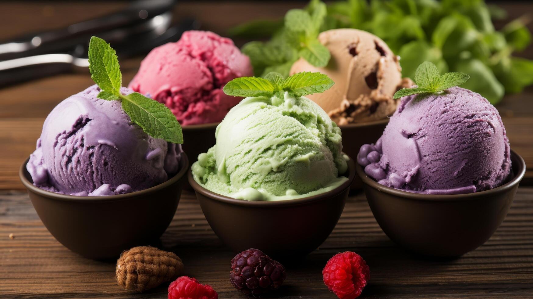 Assorted ice cream scoops with fresh berries photo