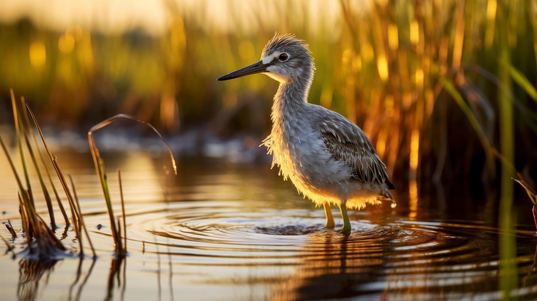 Heron standing in golden pond photo
