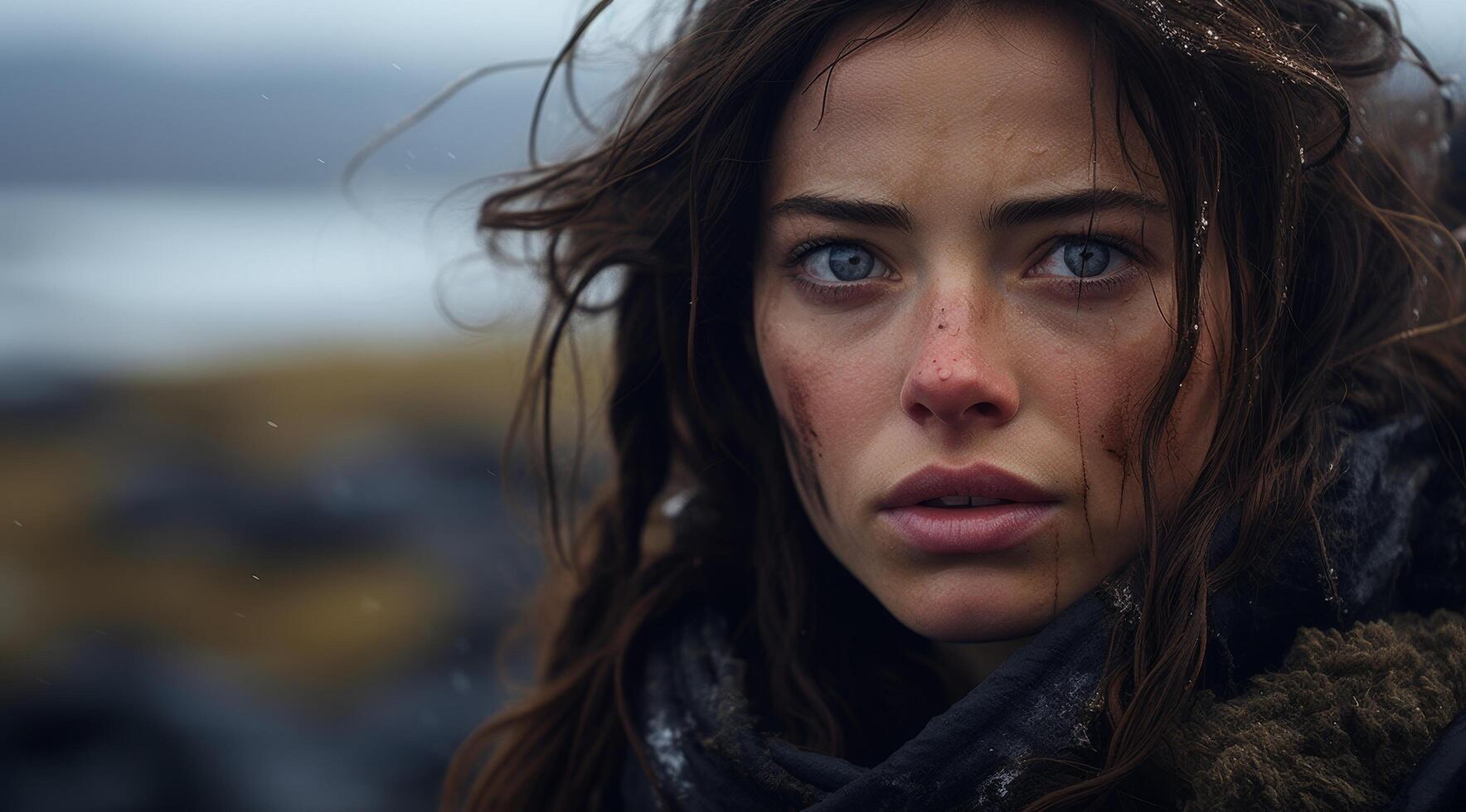 Pensive woman with windblown hair in cold, moody landscape photo