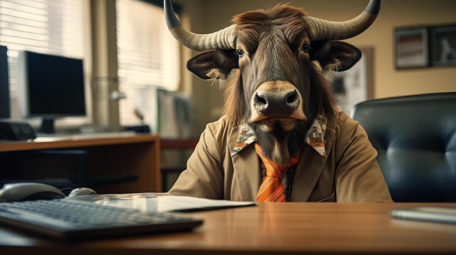Businessman with cow head working at desk photo