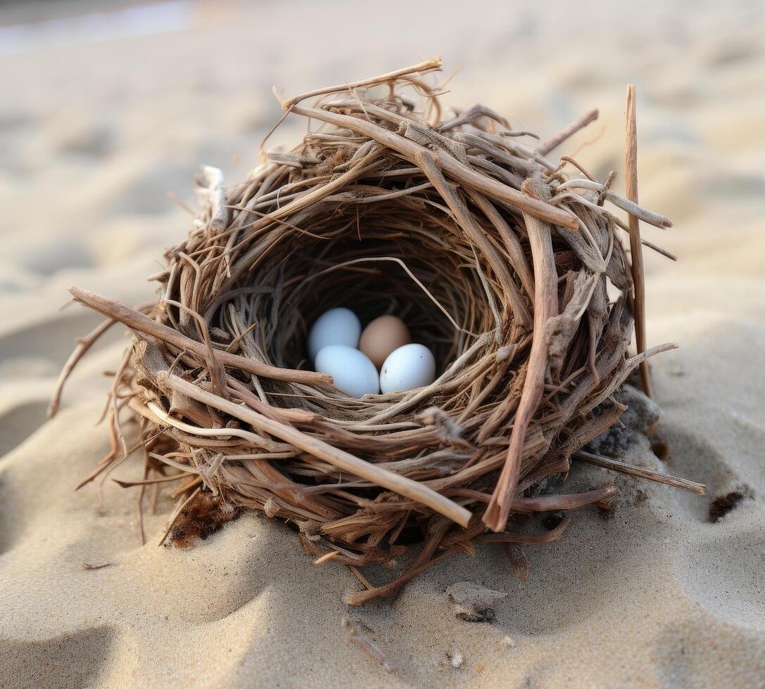Nest with blue and brown eggs on sandy beach photo