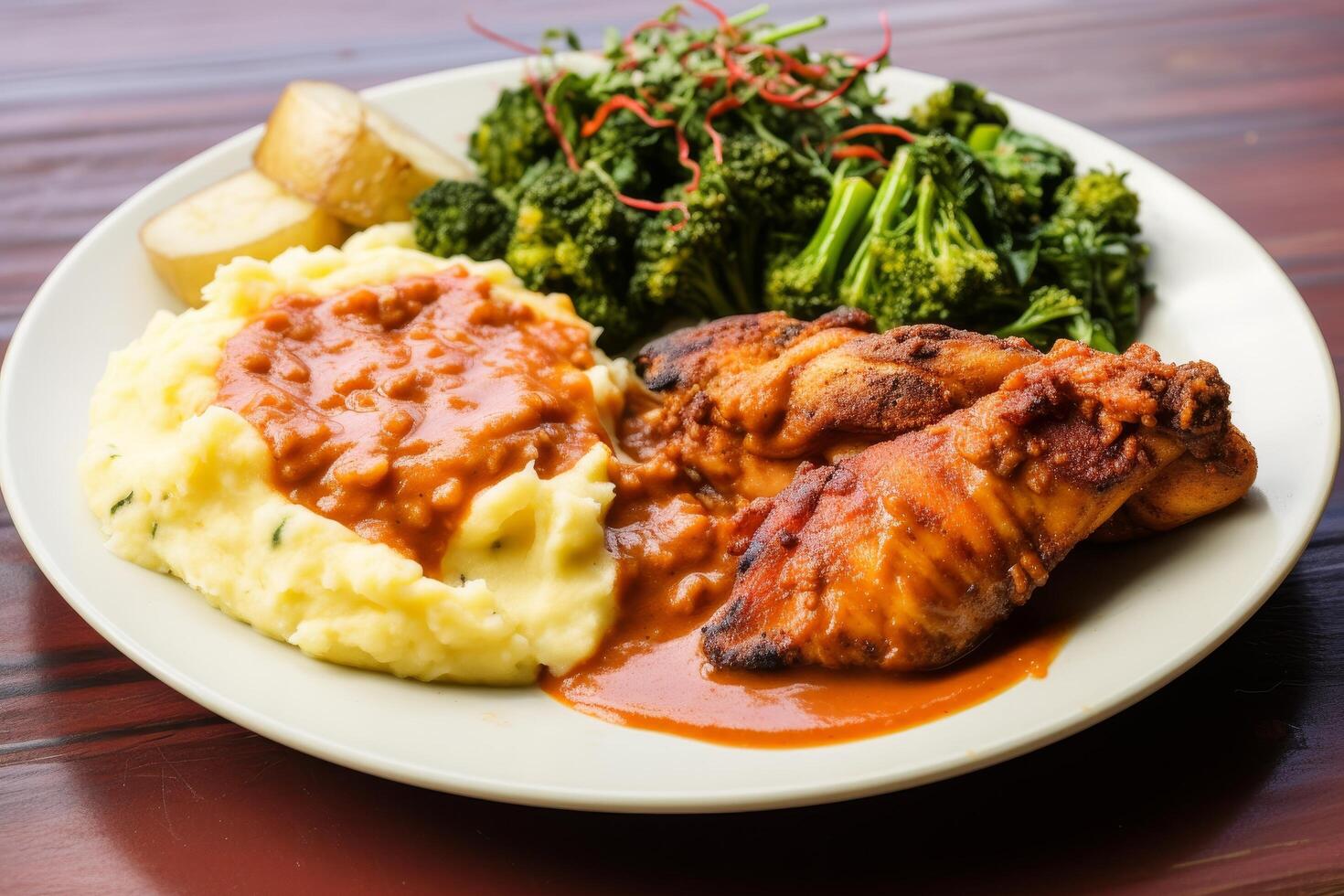 Delicious home cooked meal with roasted chicken, mashed potatoes, and steamed broccoli photo