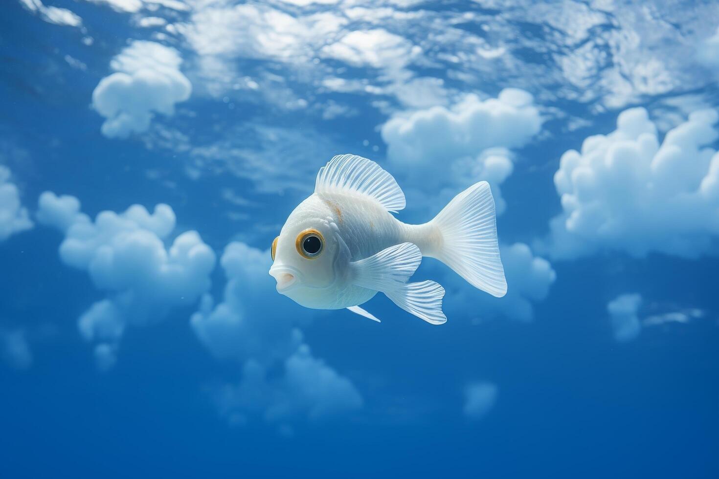 Serene underwater scene with a white fish swimming in a cloudy blue sky photo