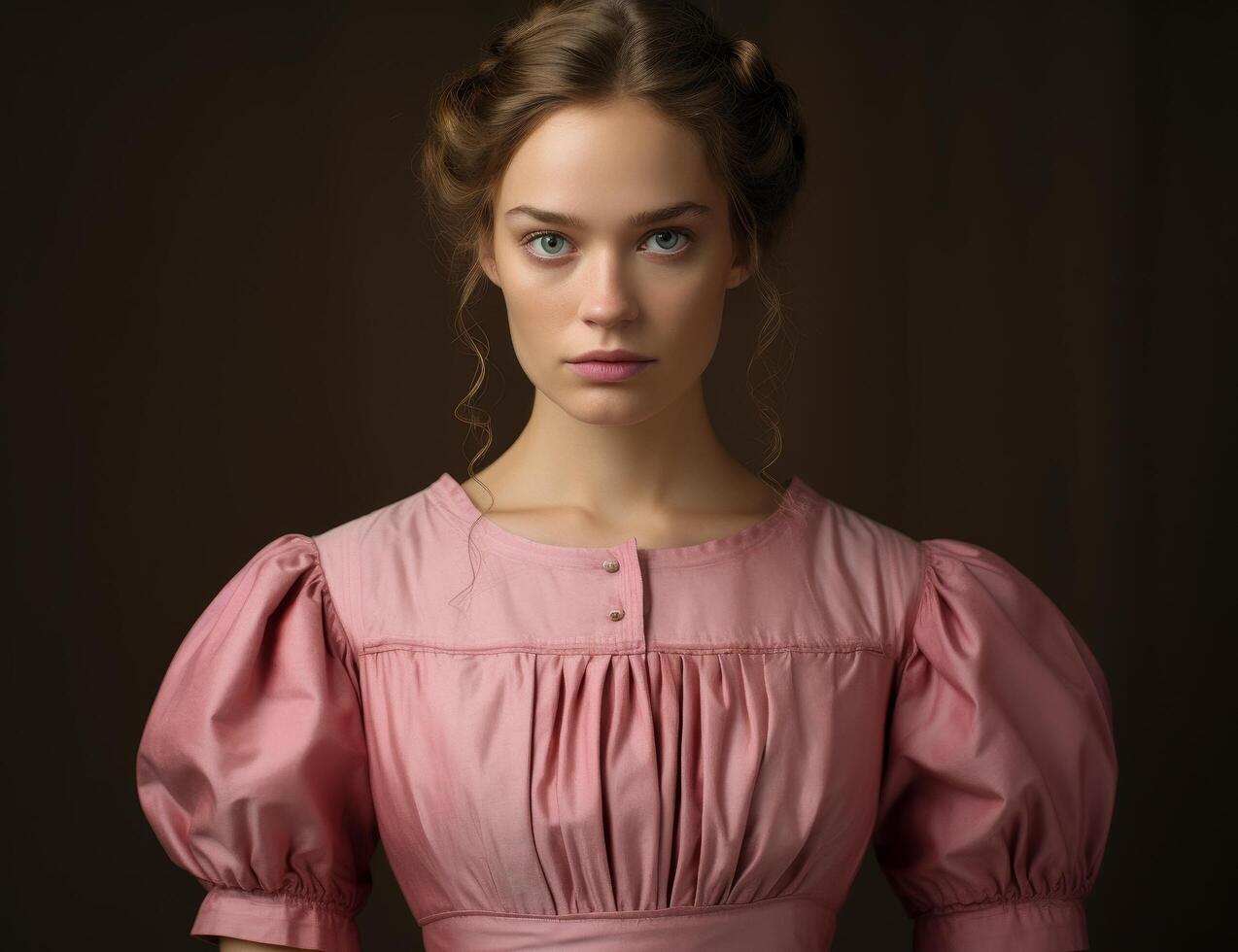 Pensive young woman in pink dress photo