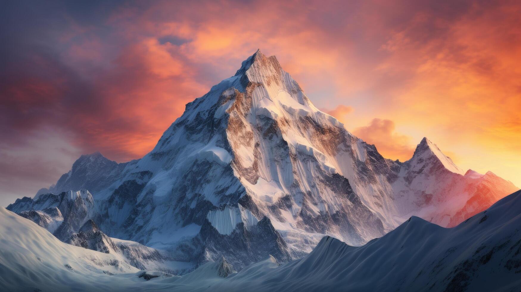 Majestic snow capped mountain peak at sunset photo