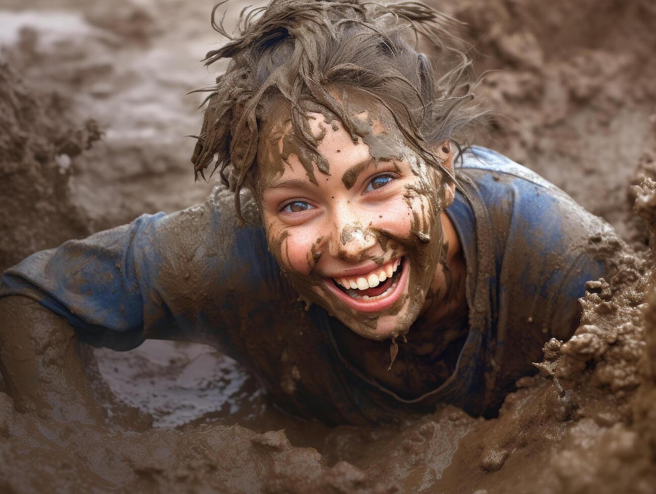 joyful child covered in mud smiling photo