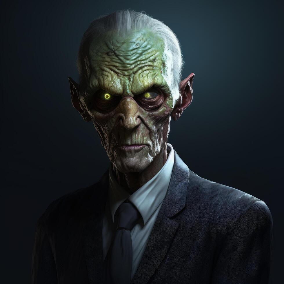 Creepy green alien businessman in suit photo