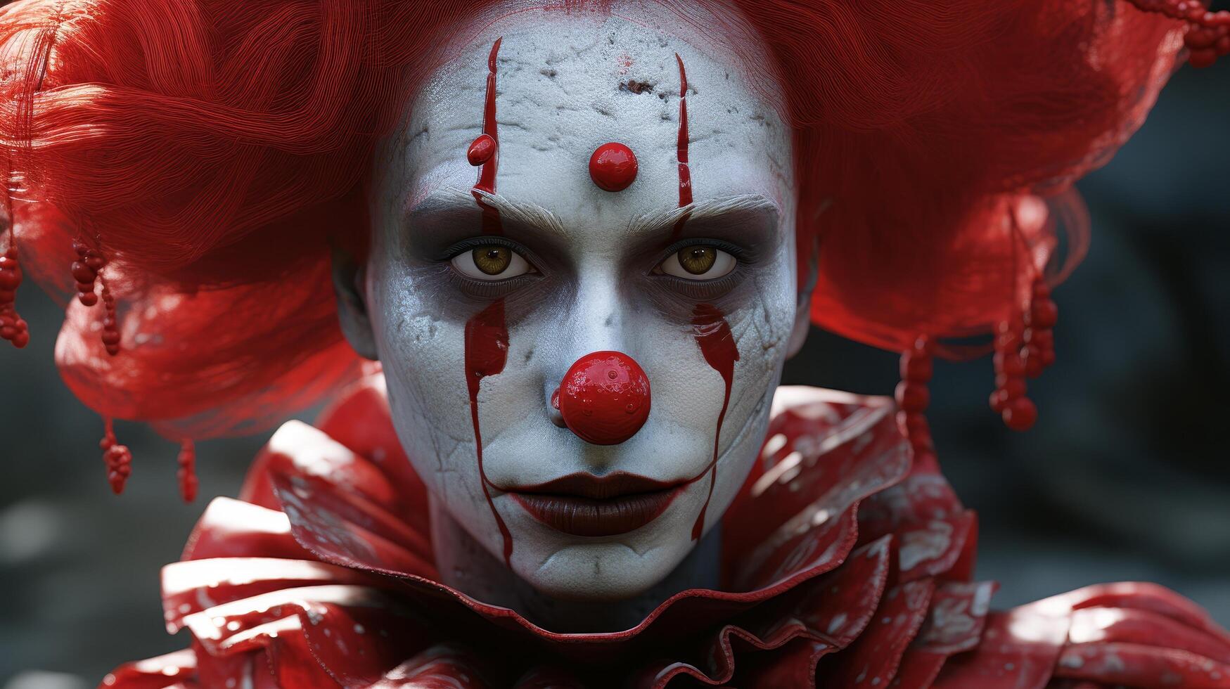 Creepy clown with red makeup and costume photo