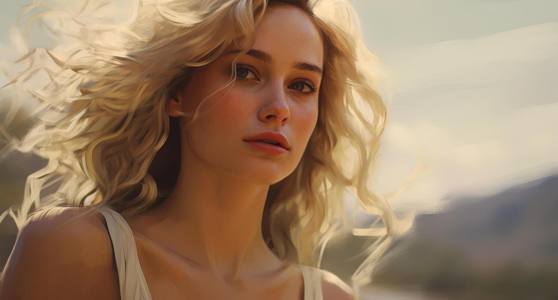beautiful woman with curly blonde hair and natural makeup photo