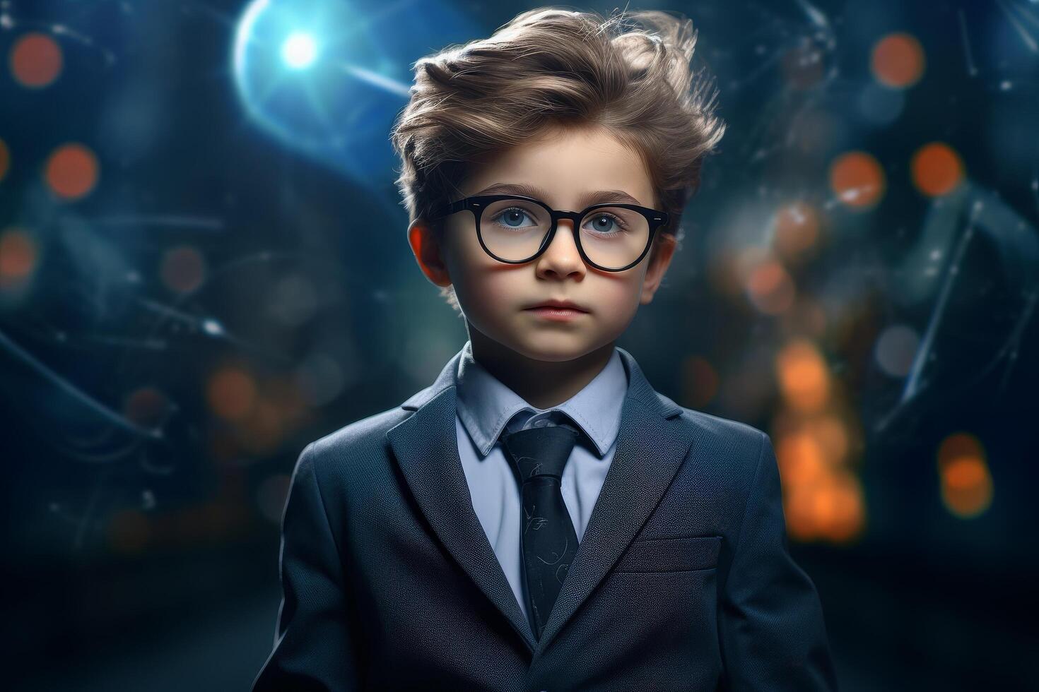 young boy in suit and glasses looking serious photo