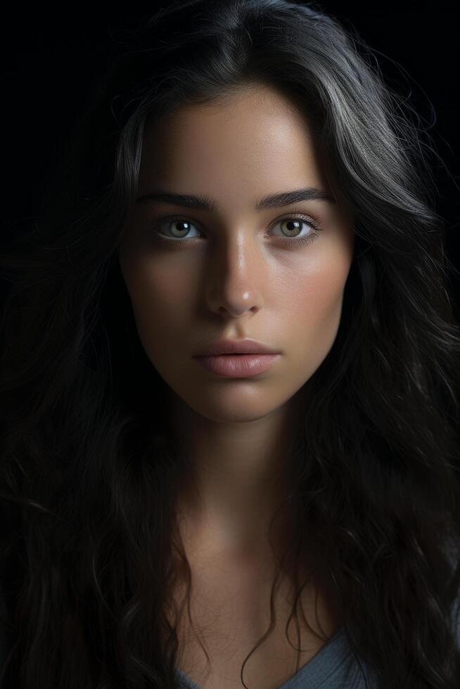 Mysterious woman with dark hair and piercing eyes photo