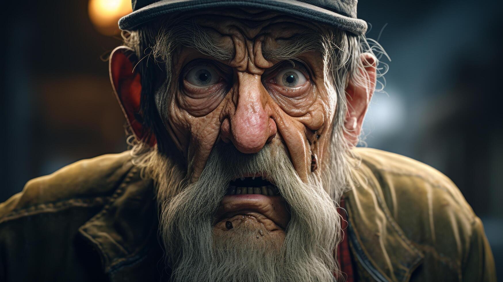 Intense close up of an old man with a long beard and weathered face photo