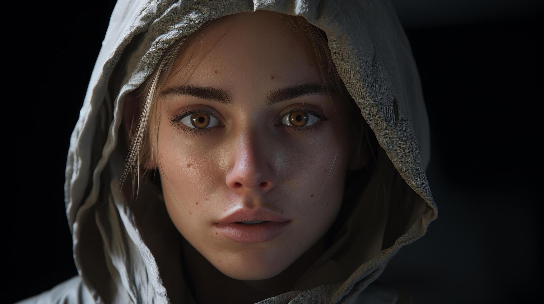 Thoughtful woman in white hooded scarf photo