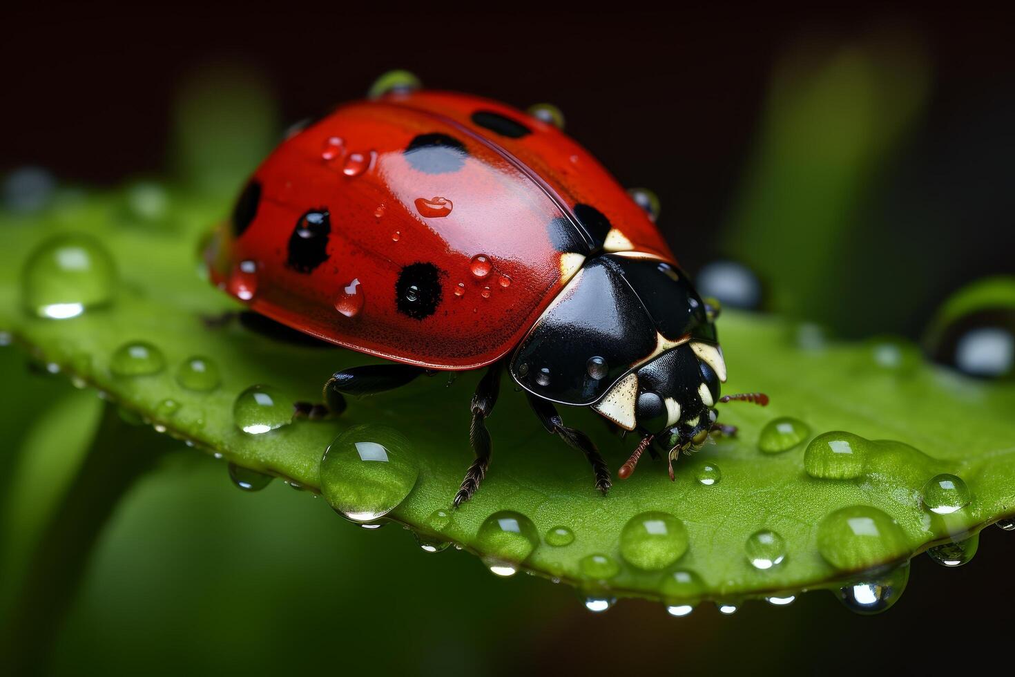 Ladybug on a leaf with water droplets photo