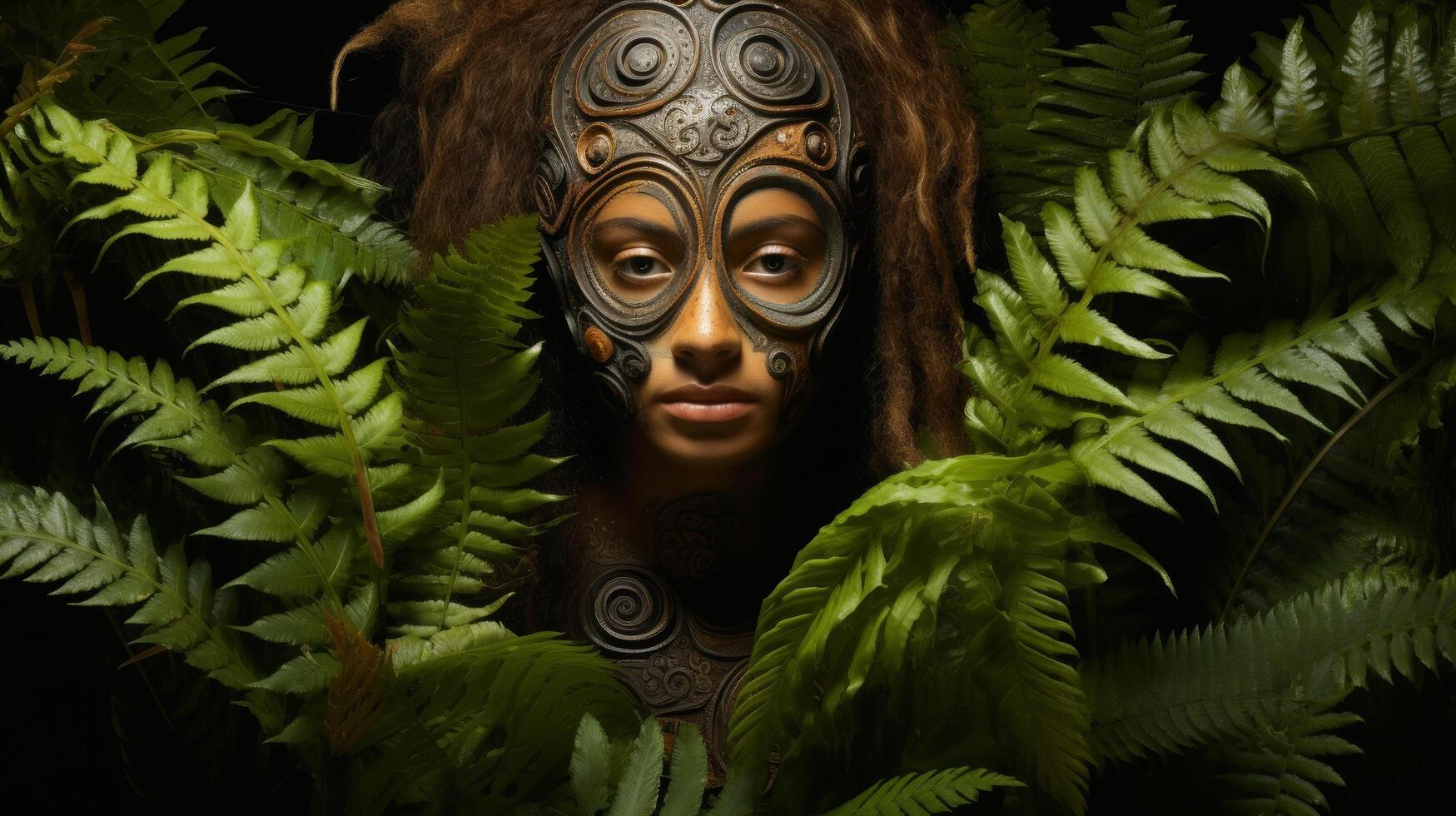 mysterious tribal warrior in lush jungle foliage photo