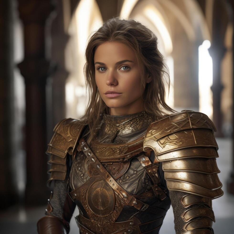 Warrior woman in golden armor photo