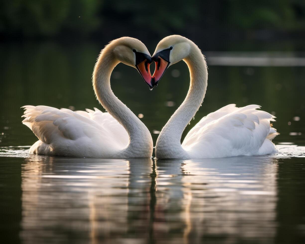 Two swans forming a heart shape on the water photo