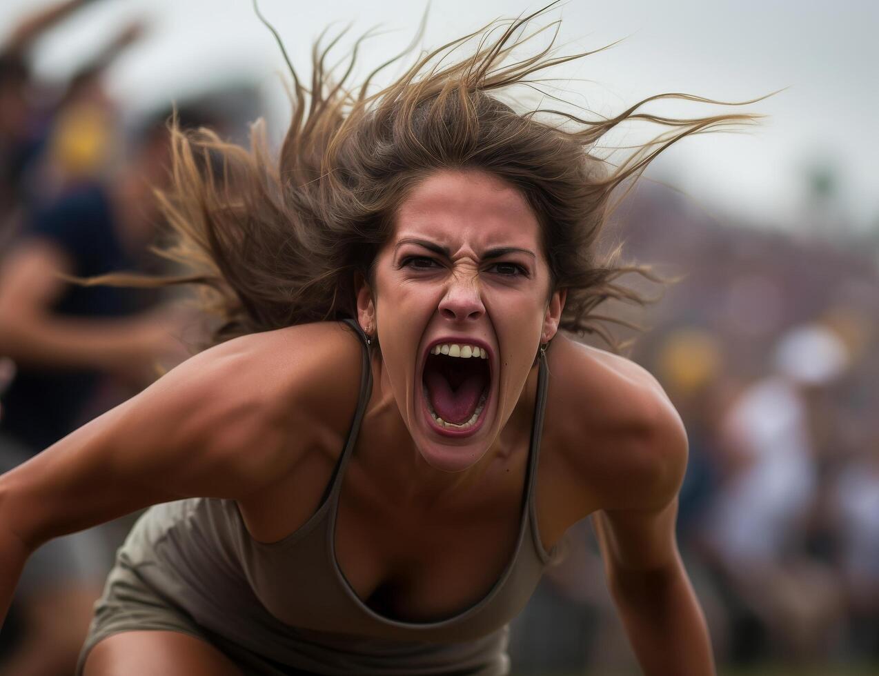 Intense woman with windblown hair photo