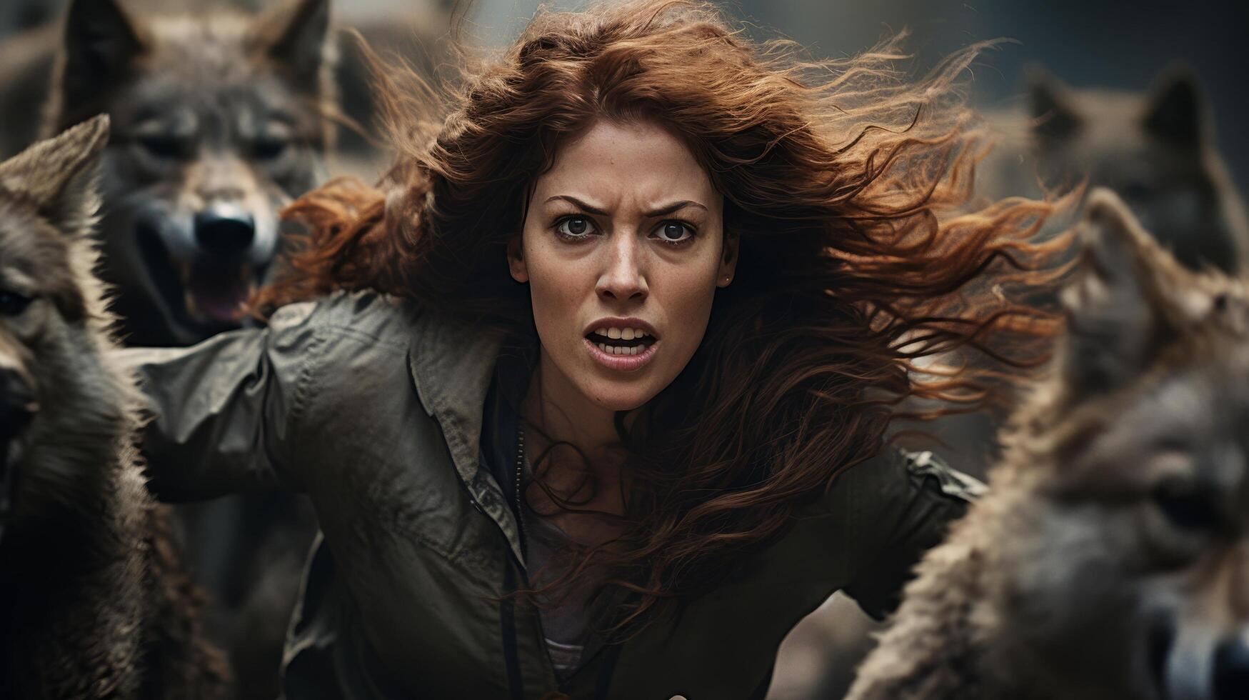 Fierce woman with windblown hair in the wilderness photo