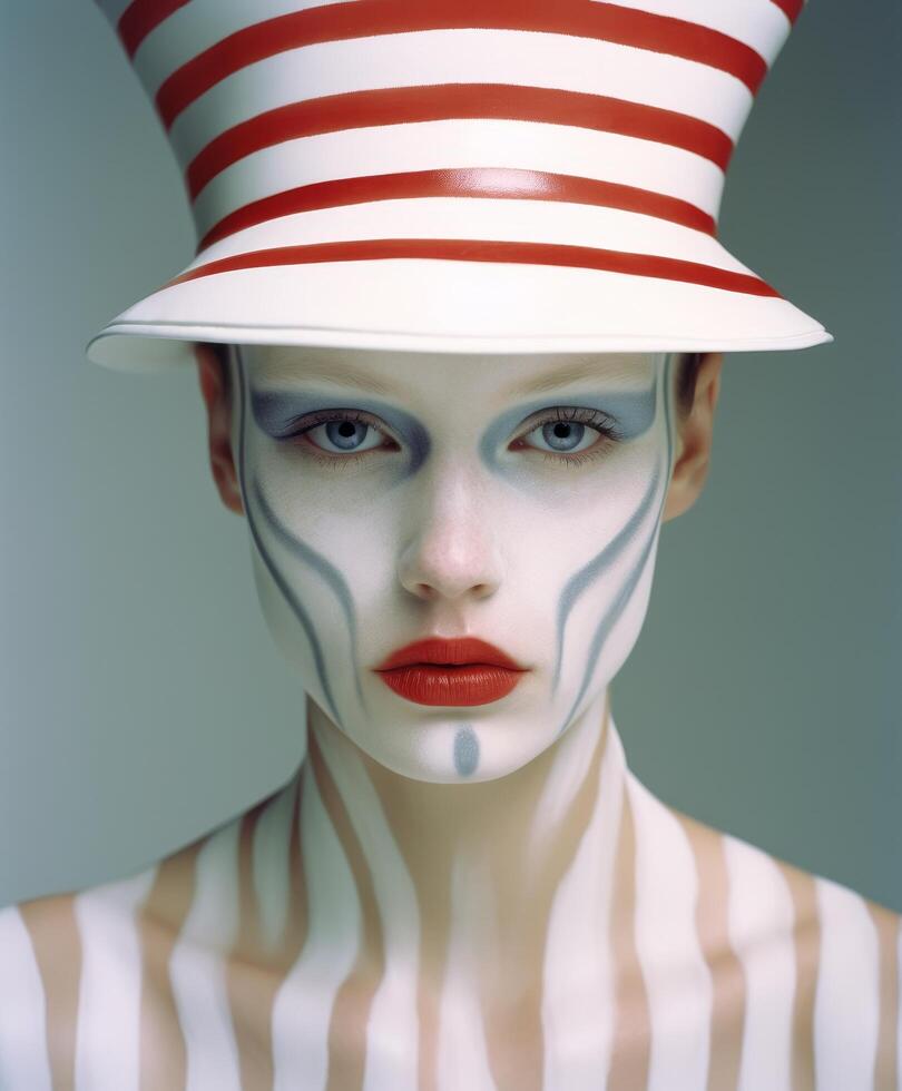 striking portrait of a person in a striped hat photo