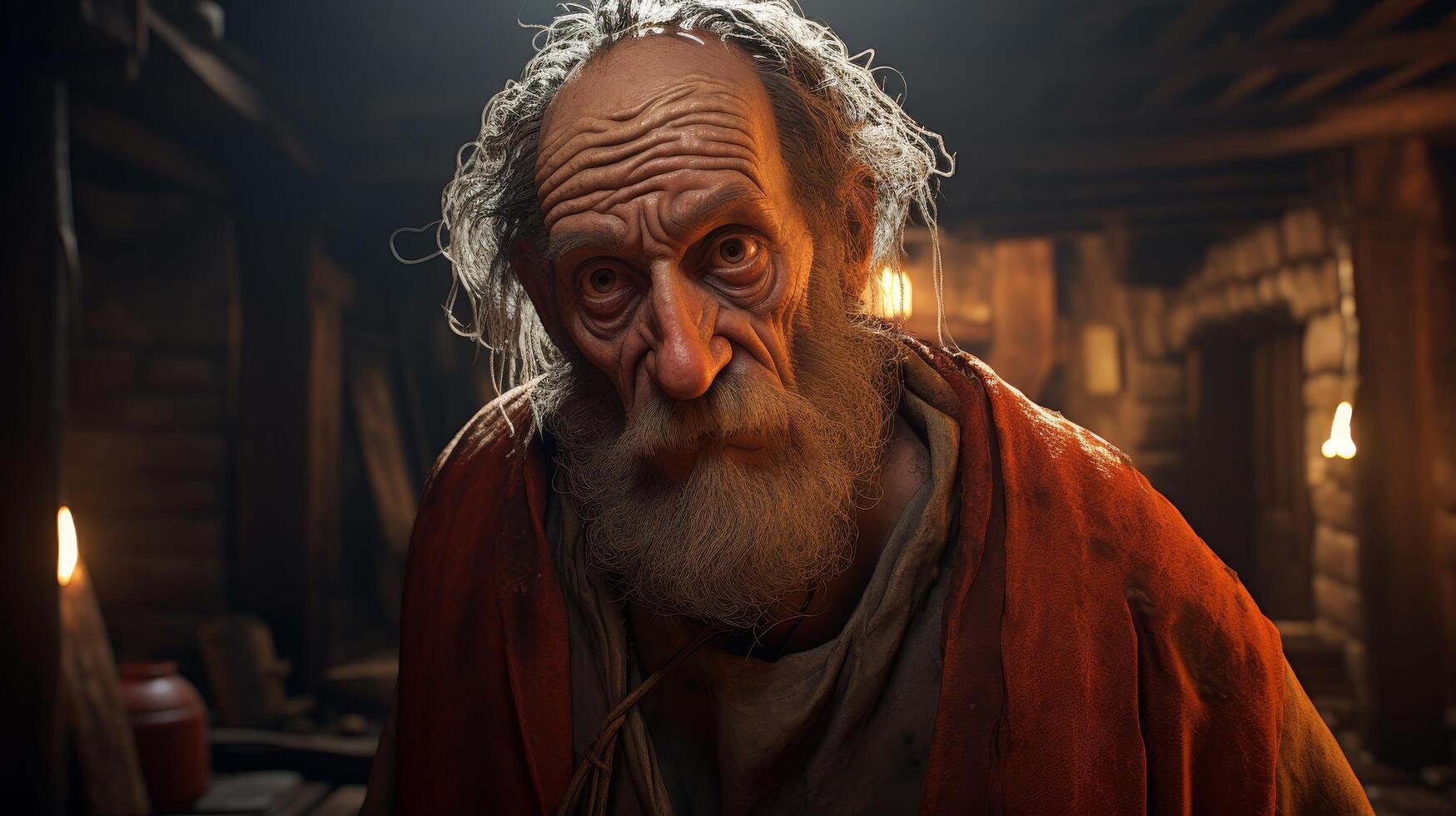 Weathered old man with gray beard in red robe photo