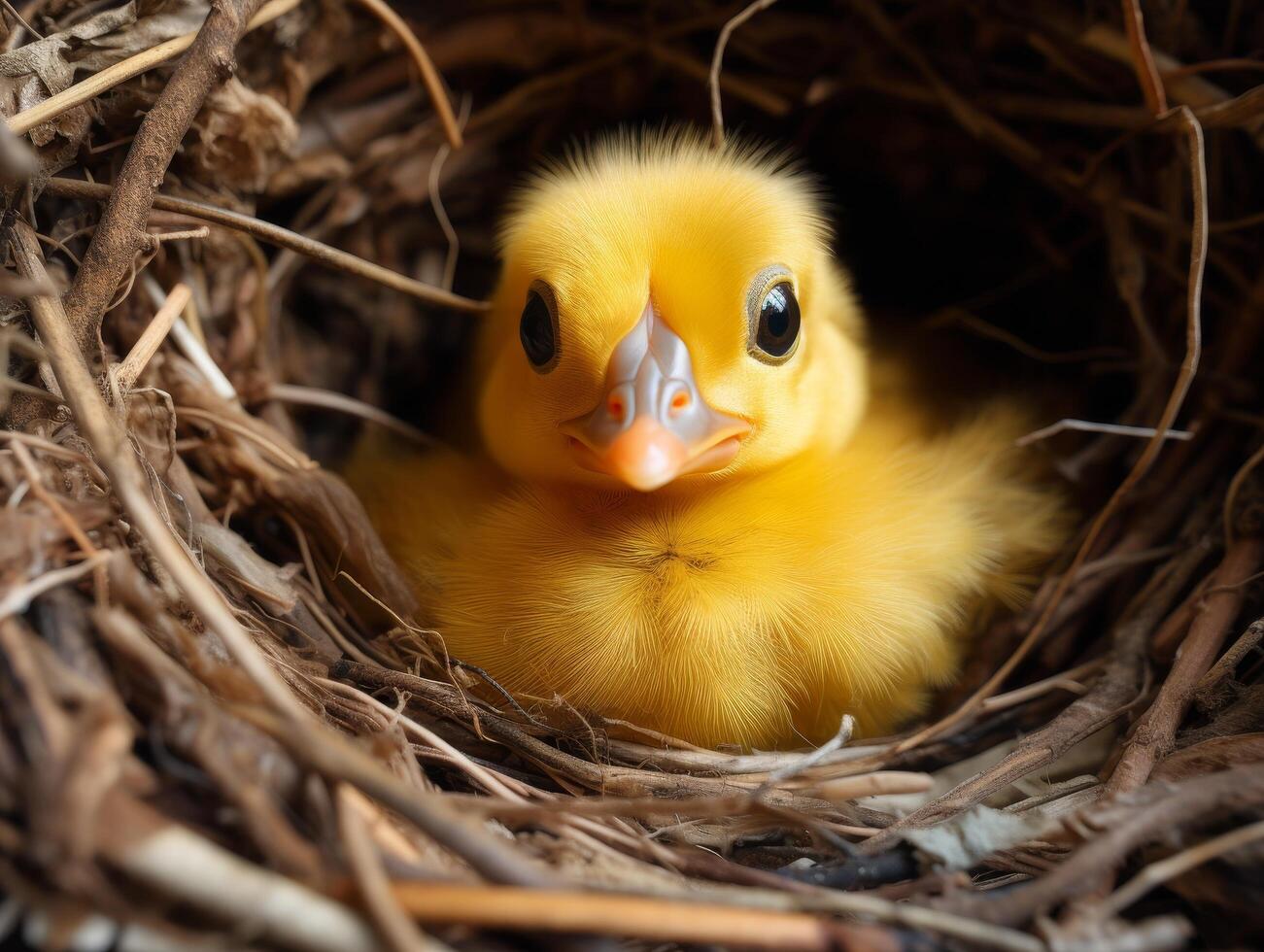 Adorable fluffy yellow duckling in nest photo