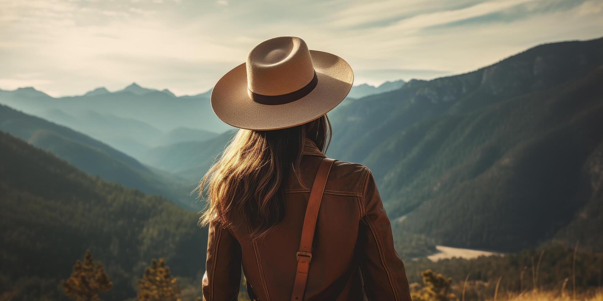 hiker overlooking scenic mountain landscape photo