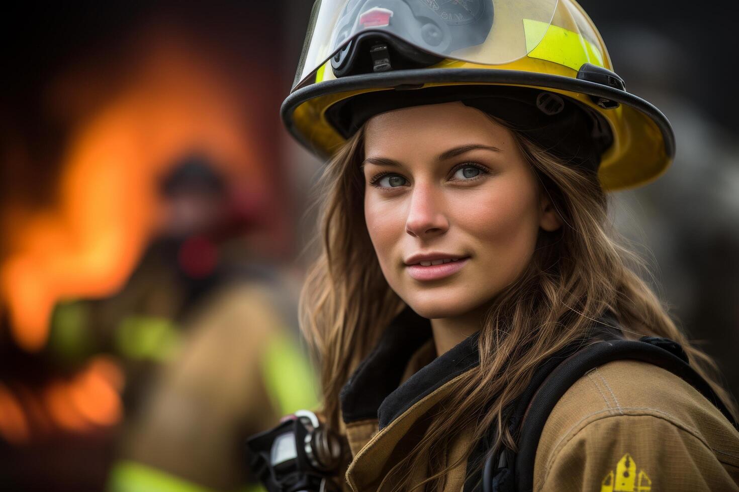 female firefighter in protective gear photo