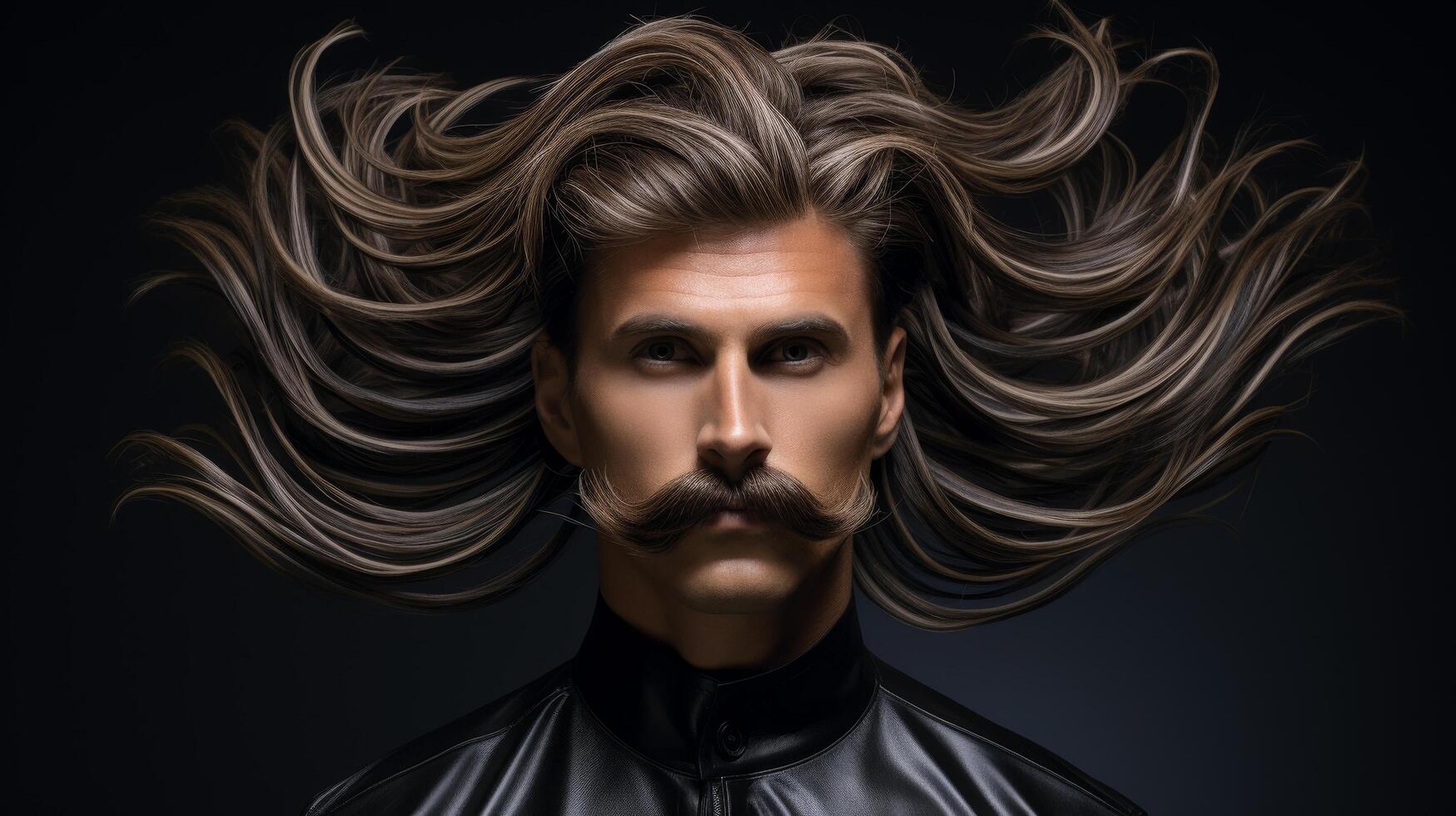Dramatic portrait of a man with flowing hair and a mustache photo