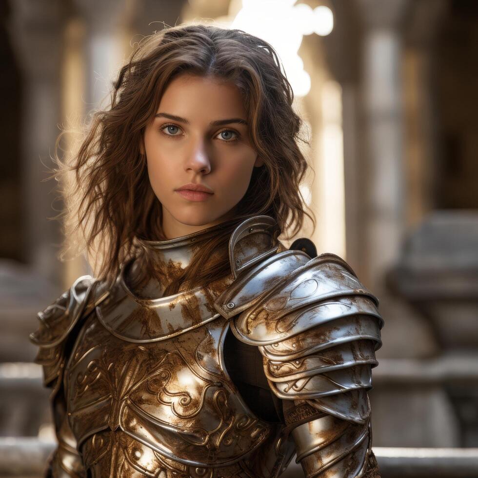 Warrior woman in golden armor photo