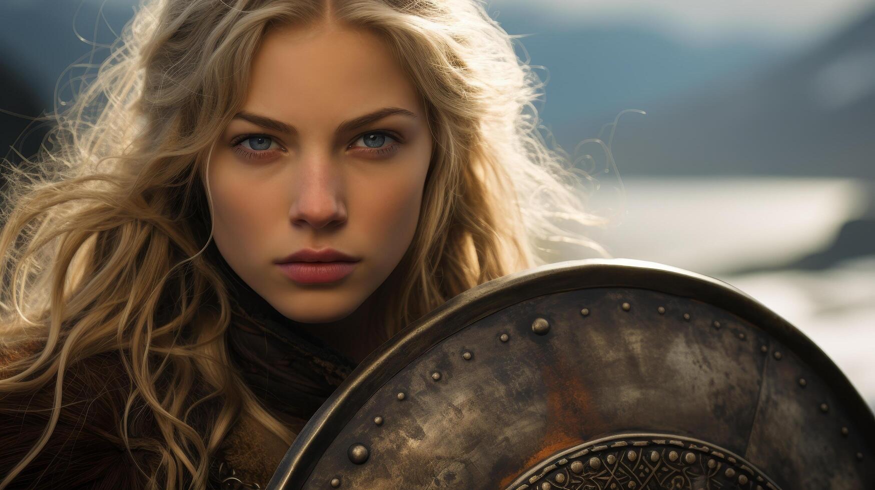 Fierce female warrior with shield photo