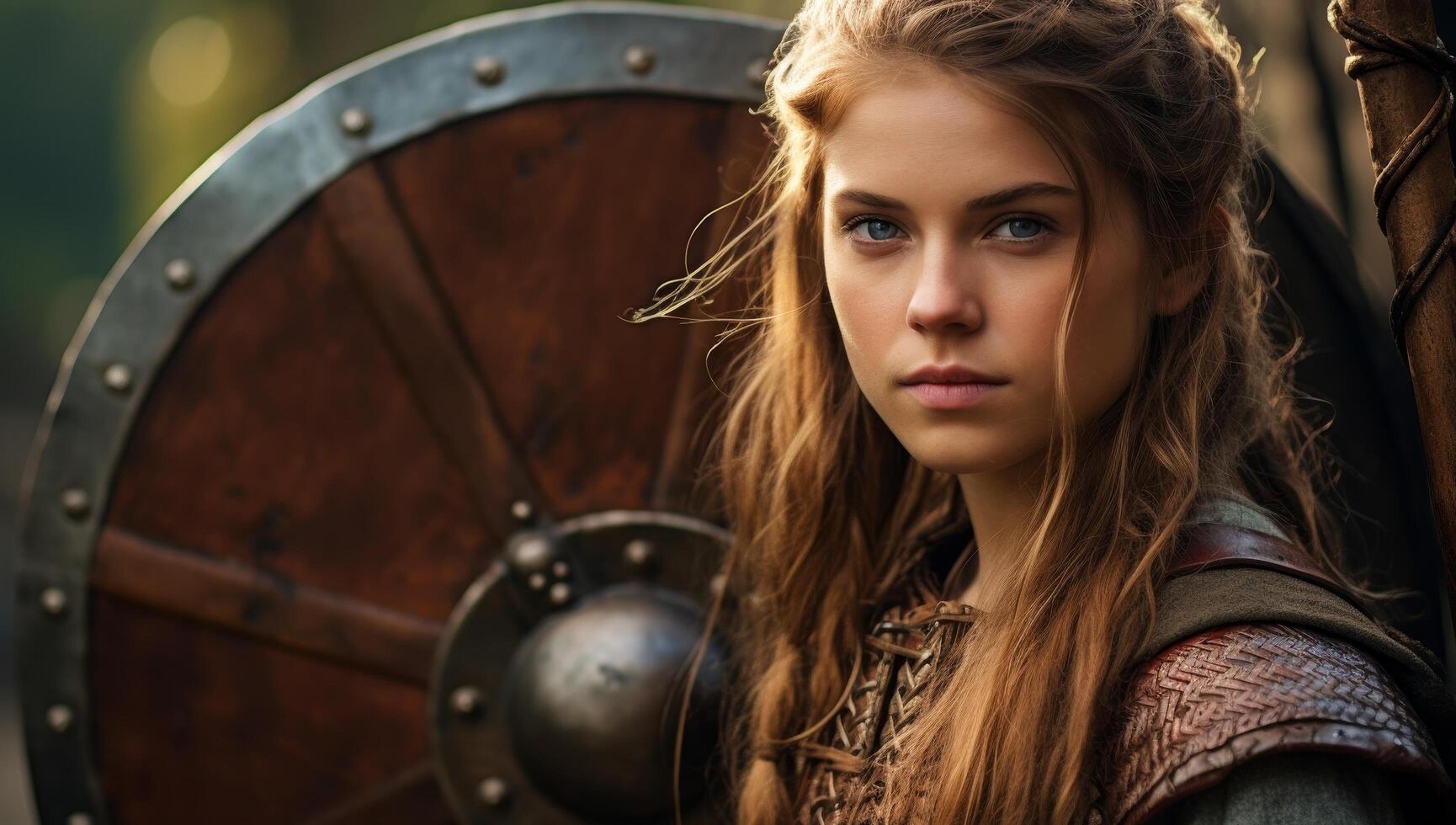 Fierce female warrior with shield photo