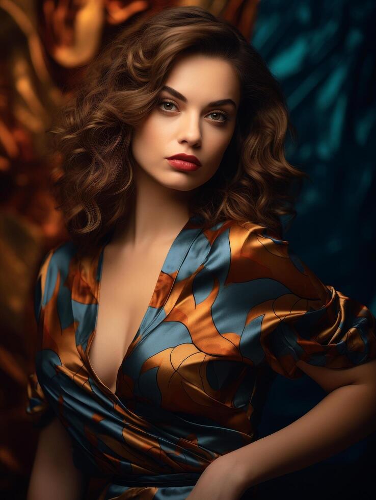 Glamorous woman in colorful dress photo