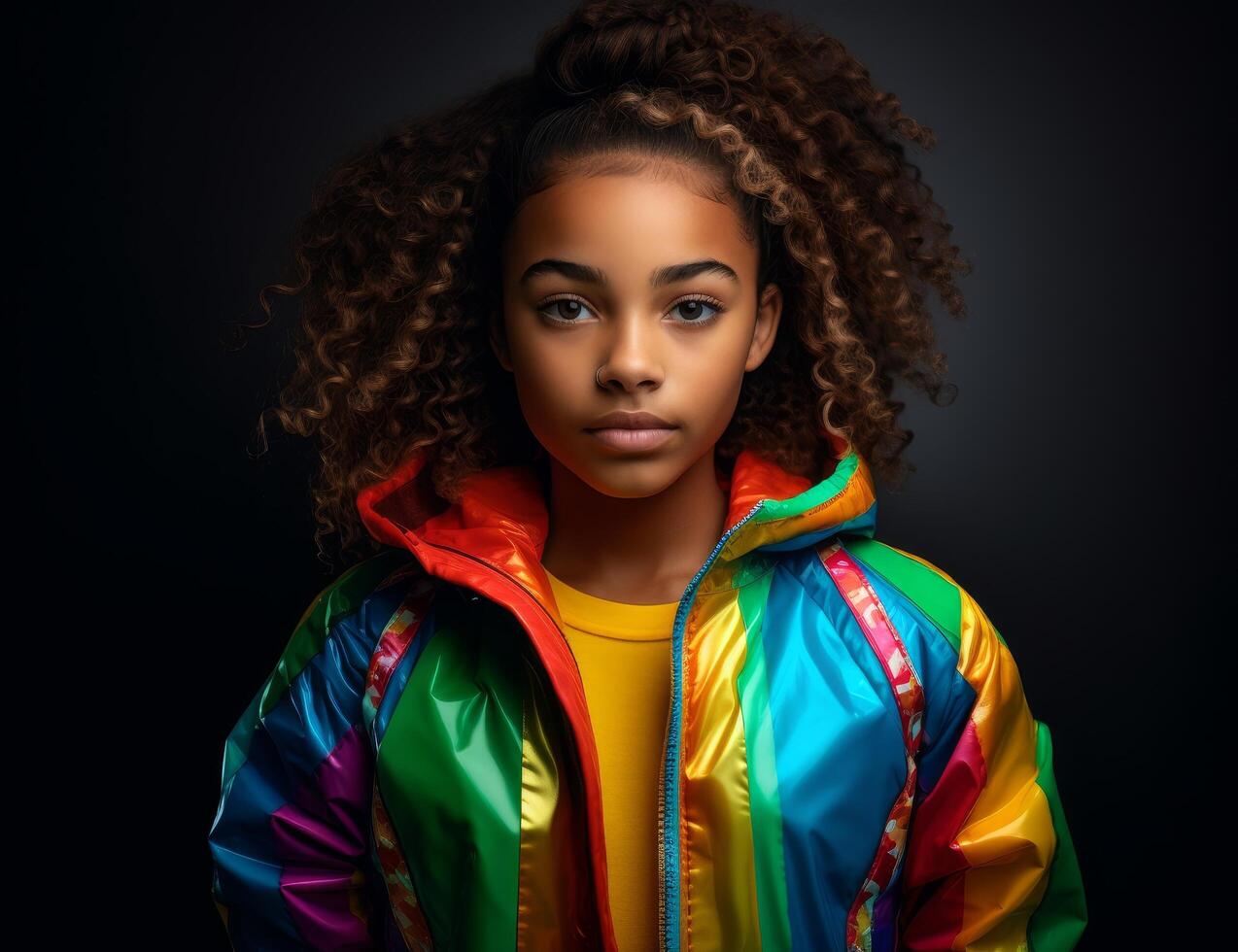 Confident young woman in colorful jacket photo