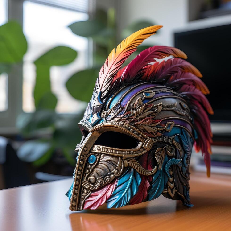Ornate Warrior Helmet with Colorful Feathers photo
