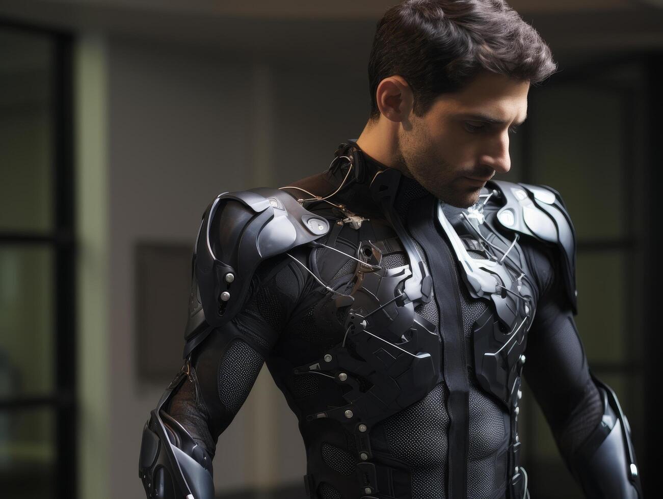 futuristic cyborg warrior in dark room photo
