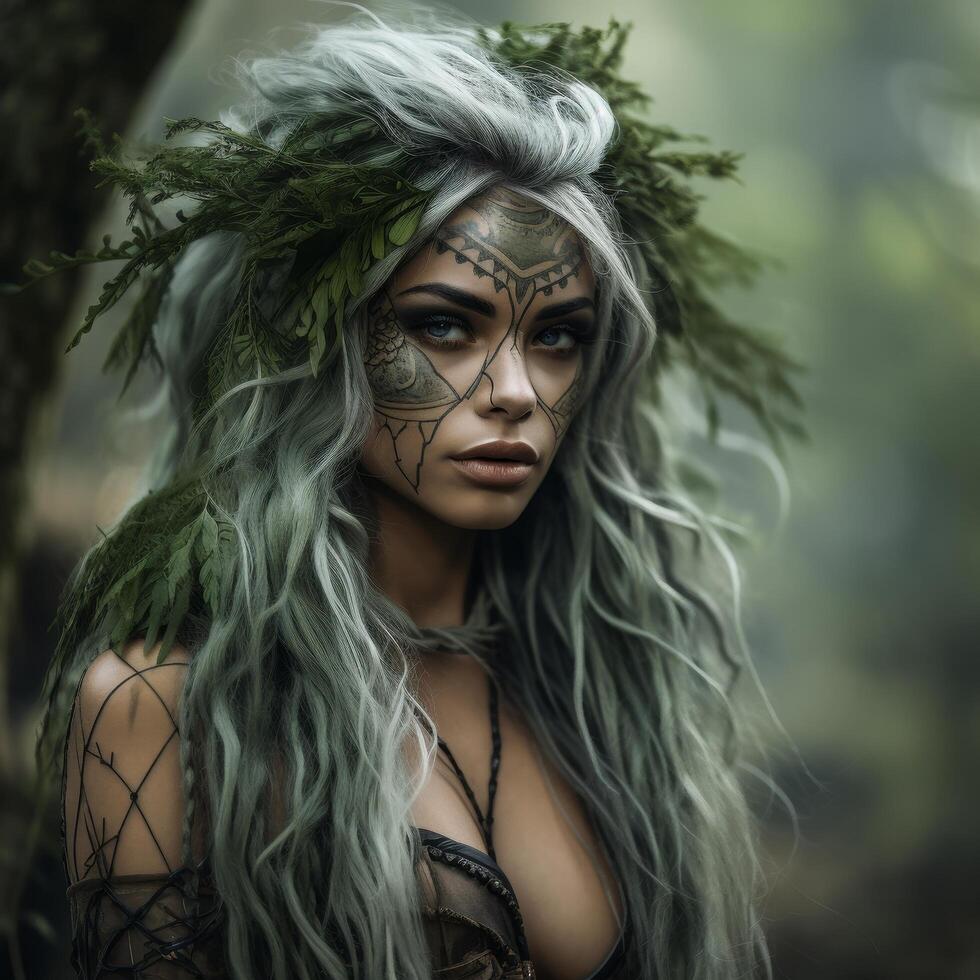 mysterious forest spirit with intricate face tattoos photo