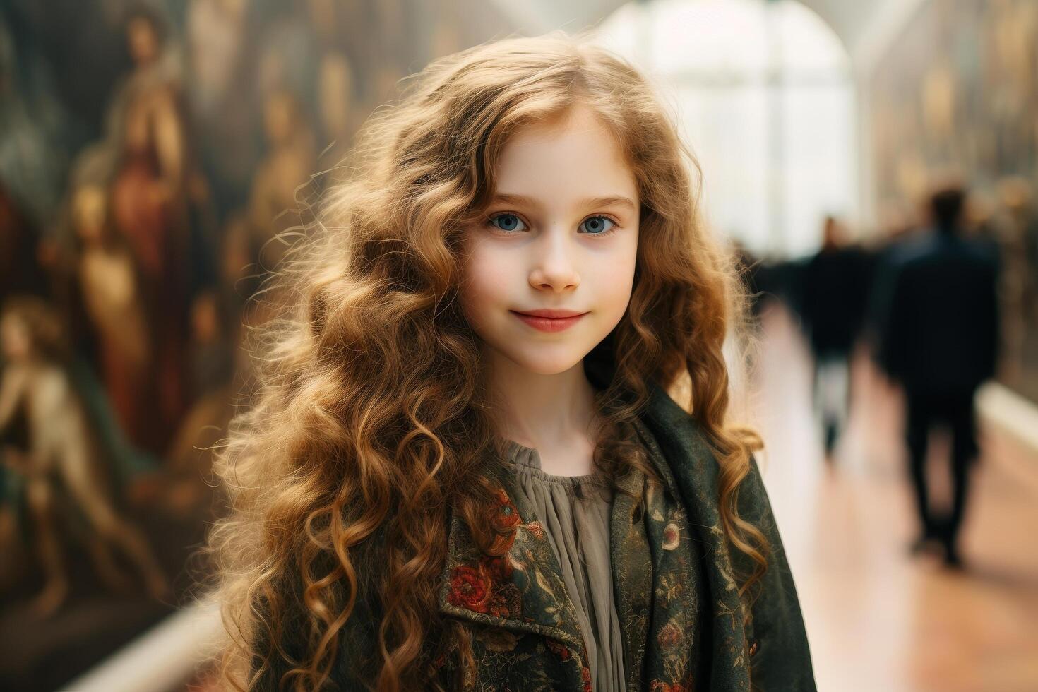 Curly haired girl in floral dress smiling photo