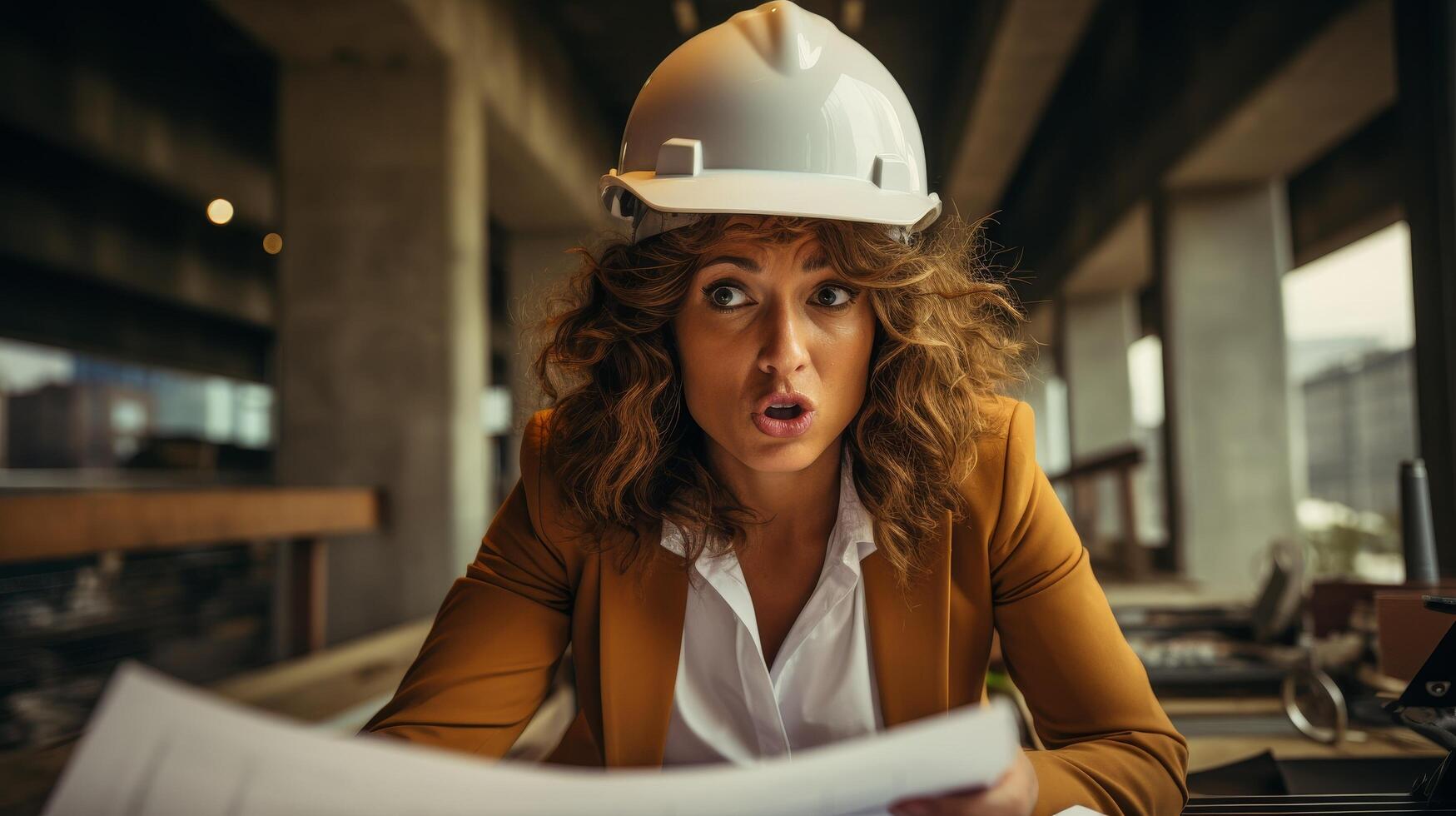 Surprised female construction worker reviewing blueprints photo