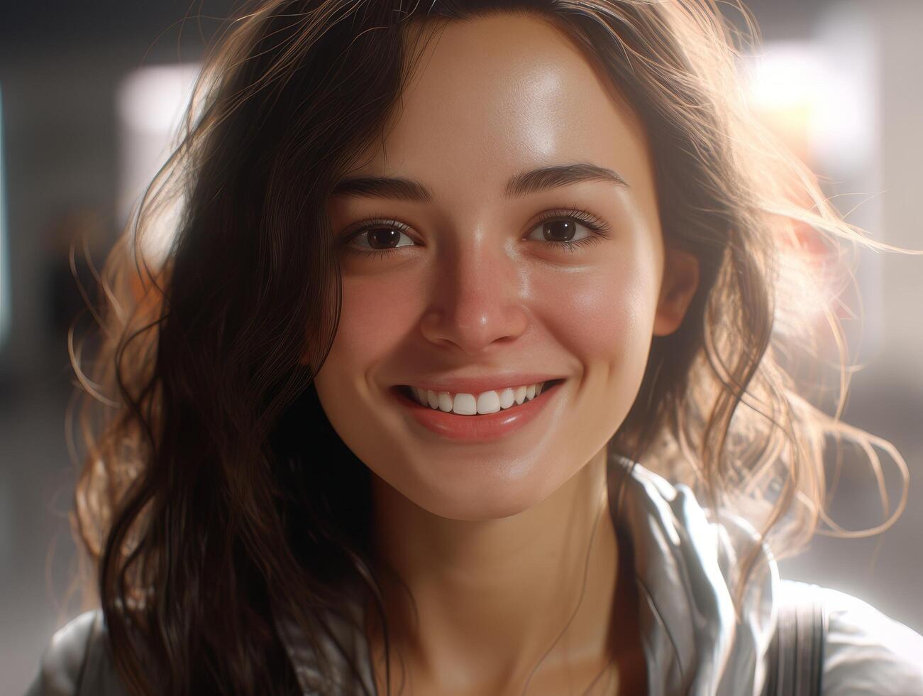 Smiling woman with windblown hair photo