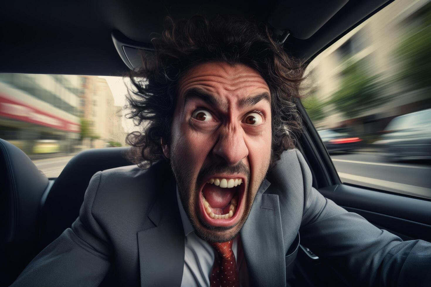 Businessman shouting with wild expression in car photo