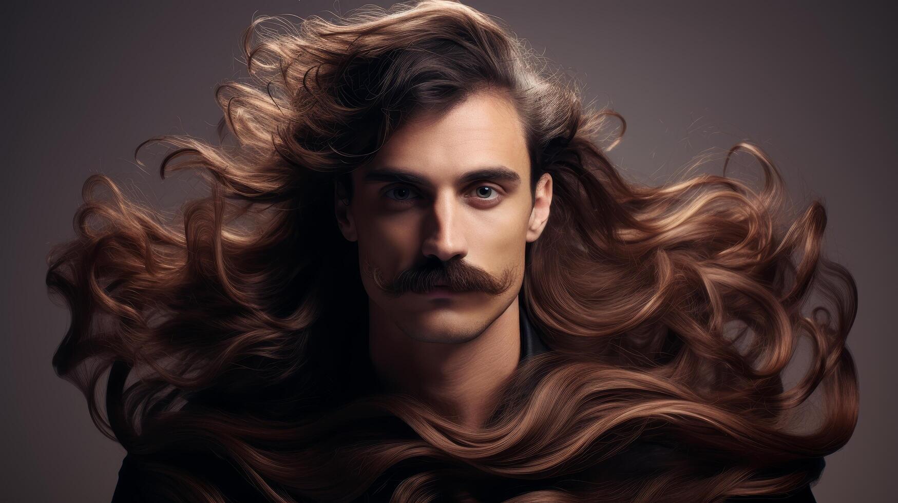 Handsome man with long, flowing hair and a mustache photo