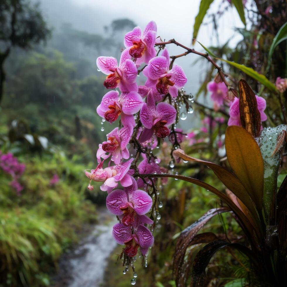 Vibrant purple orchids in the rain photo