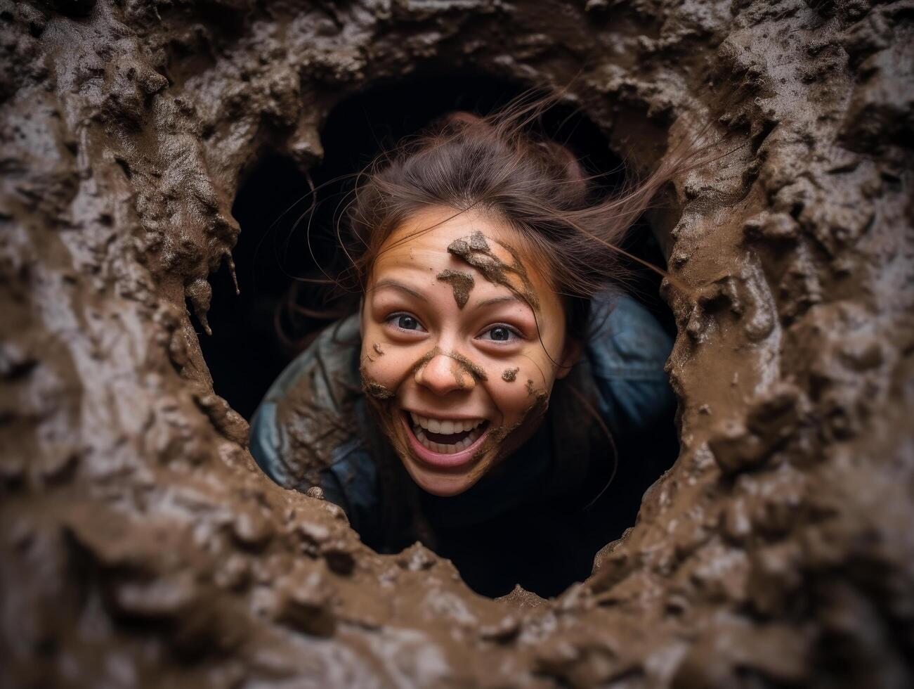 Adventurous woman exploring a dark cave photo