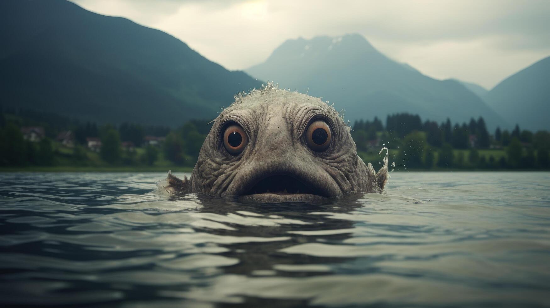 Mysterious creature emerges from serene mountain lake photo