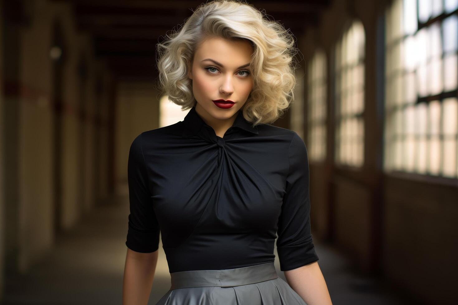 Elegant woman with blonde curly hair in a black dress photo