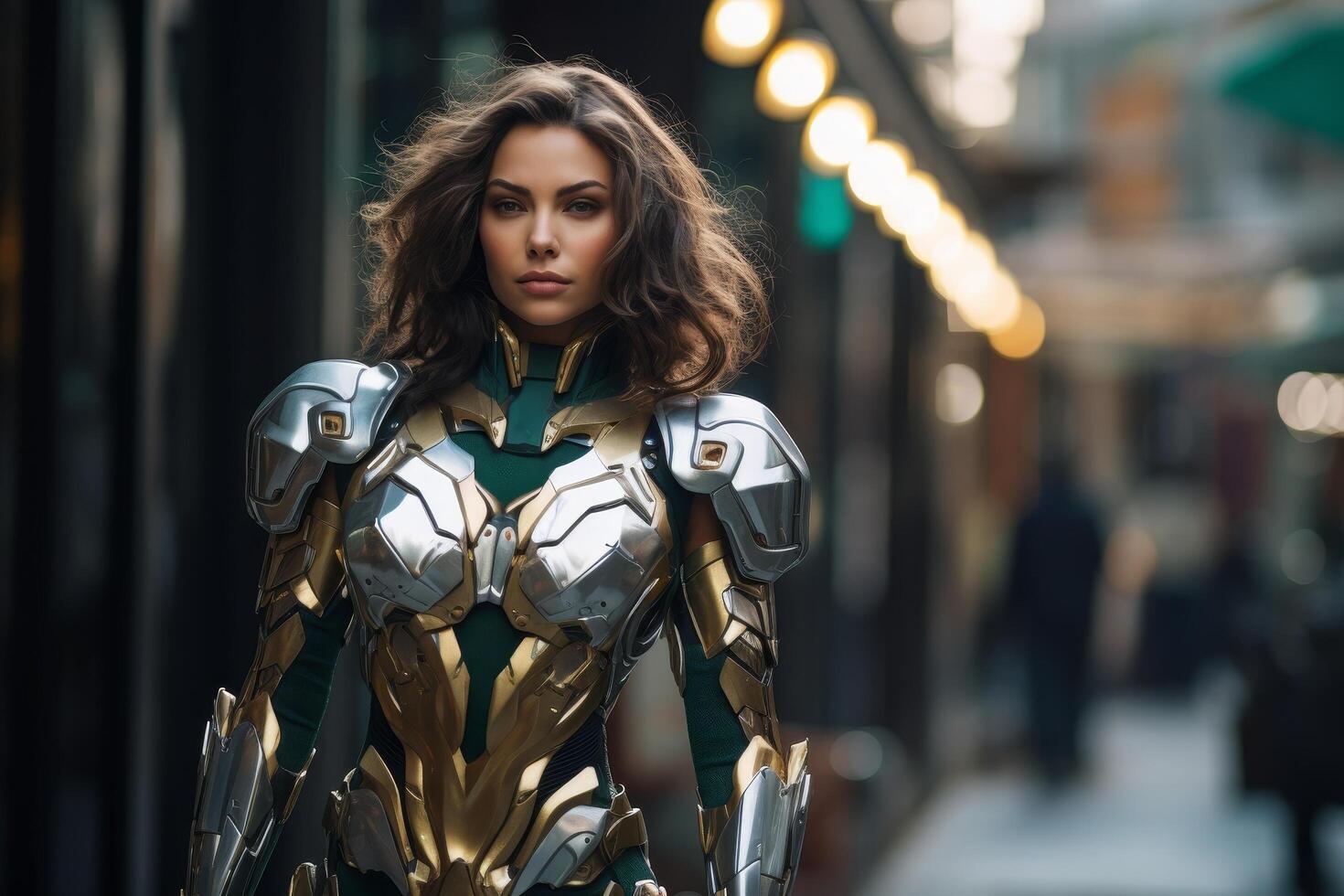futuristic female superhero in metallic armor photo